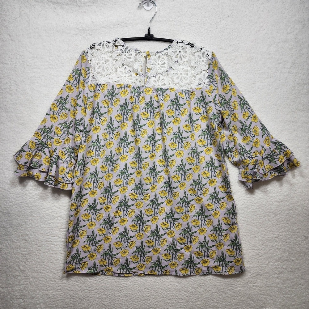 Suzanne Betro Floral Blouse Lace Yoke Ruffle Sleeve Boho Top Size Small NWT - Picture 2 of 8